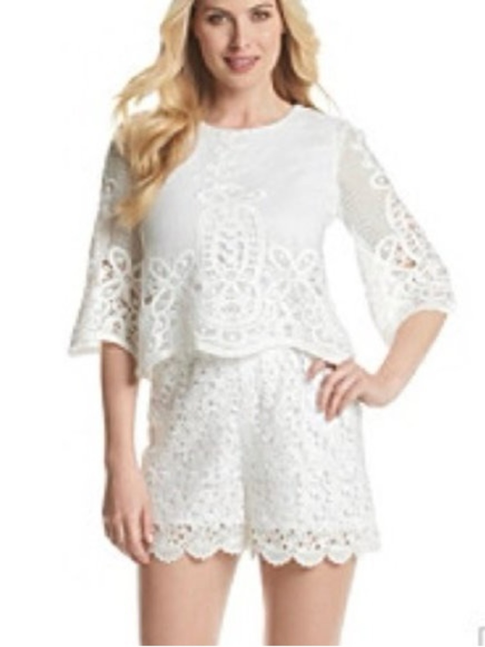 Muse White Lace 3/4 Sleeve Layered Lace overlay shorts Romper Size 14 bridal